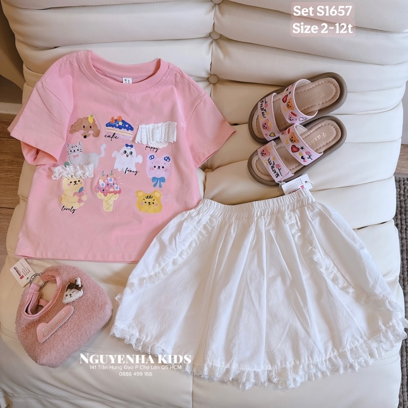 S1657 Set áo hồng hình ren v trắng