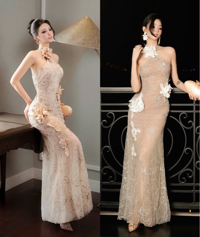 Đầm yếm lưới thêu đính hoa nổi