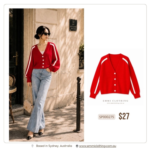 Red Sport Stripe Knit Cardigan