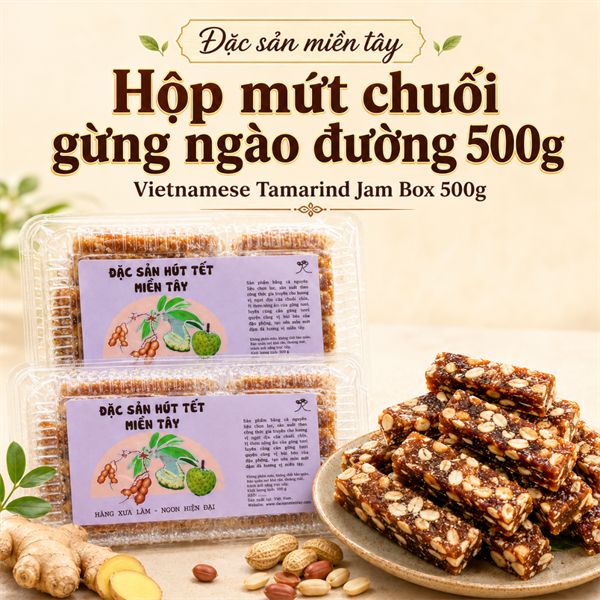 Đặc Sản Miền Tây Hộp Mứt Chuối Gừng Ngào Đường - 500g Candied Banana And Ginger Jam