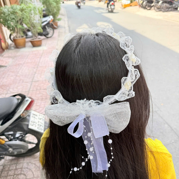 Vòng cài tóc đính nơ cài tóc cho bé màu trắng đính hạt trai