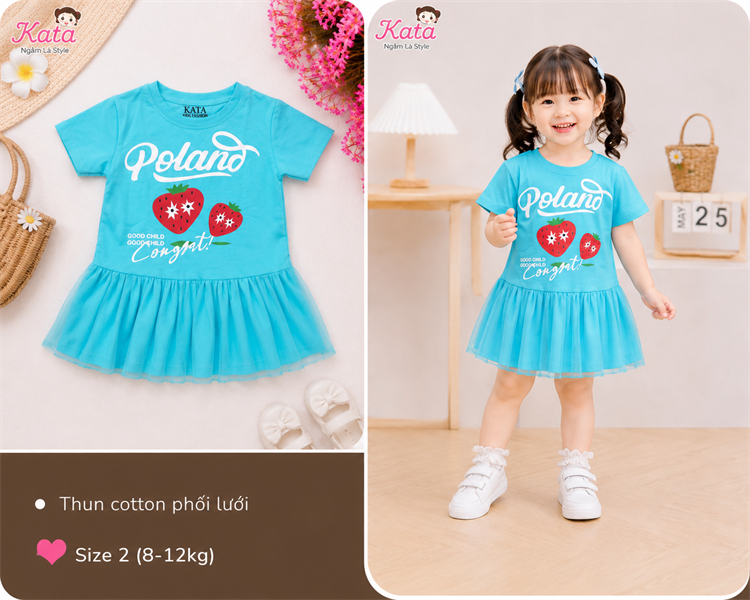 Đầm Bé Gái Xanh Ngọc In Hình Dâu Tây Phối Lưới 8-12kg | Váy Cotton Bé Gái Kata