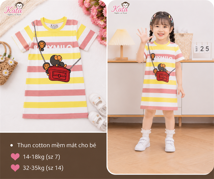 Đầm Thun Bé Gái Sọc Ngang Họa Tiết Túi Xách 3D 12-35kg | Váy Cotton Mềm Mát Kata