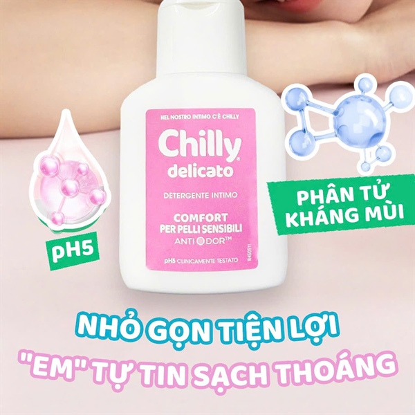 Dung dịch vệ sinh phụ nữ Chilly Delicato Detergente Intimo dưỡng mềm mại, sạch dịu êm 50ml
