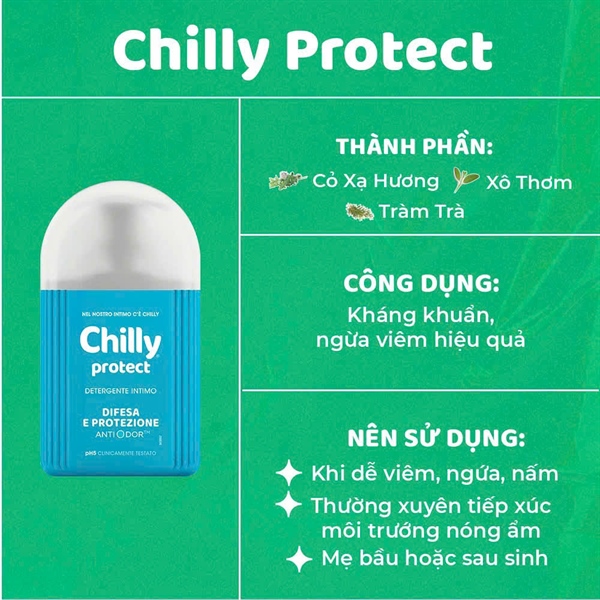 Dung dịch vệ sinh phụ nữ Chilly Protect - Italy- Sạch sâu, an toàn- Chai 200ml ( Xanh dương)