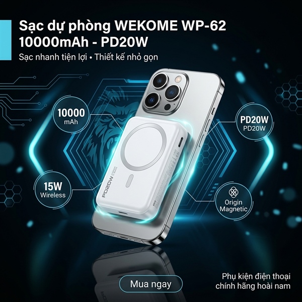 Sạc dự phòng không dây WP-62 10000mAh (PD20W)