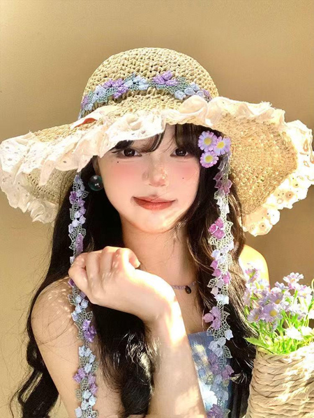 💛ac102 MV mũ cói viền ren dây hoa tím