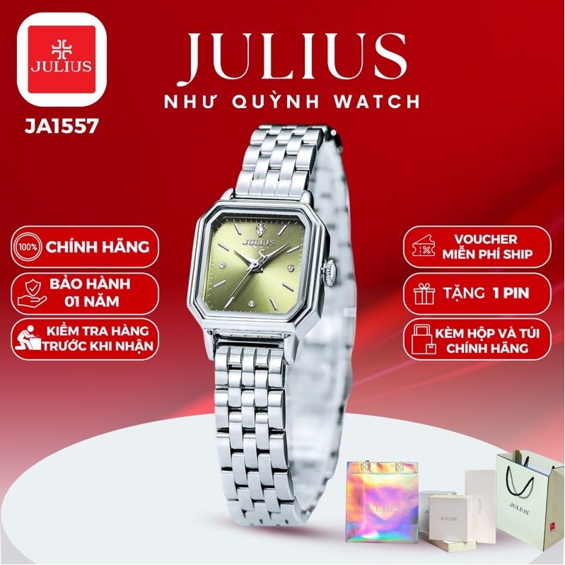 Đồng hồ nữ Julius Hàn Quốc JA1557C dây thép (Bạc mặt xanh lá)