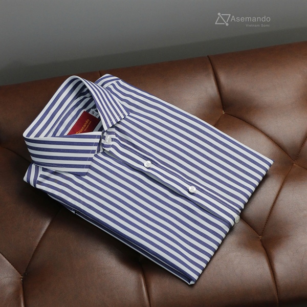 Cutaway Kẻ Xanh đậm 4 sọc to Cotton Silk Áo sơ mi nam dài tay Asemando