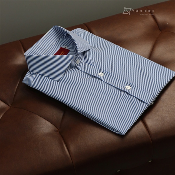 Cutaway Kẻ Xanh đậm 2 sọc khít Cotton Silk Áo sơ mi nam dài tay Asemando