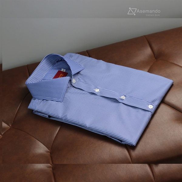 Cutway Kẻ xanh đậm sọc đôi 1 Cottonsilk Áo sơ mi nam dài tay