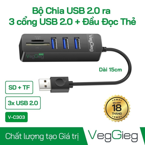 Bộ hub chia USB ra 3 cổng USB + Đọc thẻ nhớ - VEGGIEG (V-C303) (3 cổng USB2.0+SD+TF 2in1)