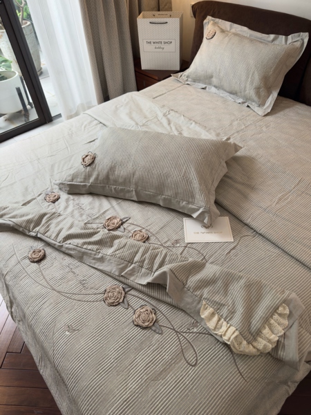 Bộ ga "Lam khê" | 100% Cotton - Chần full, Vỏ chăn 200x230 cm - Kẻ xanh xám, đáp hoa nổi - YH07