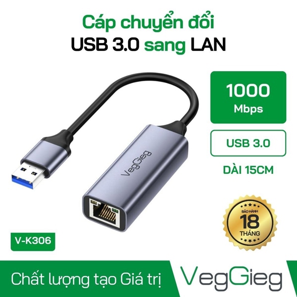 Cáp chuyển USB 3.0 sang LAN 1000MB - VEGGIEG (V-K306)