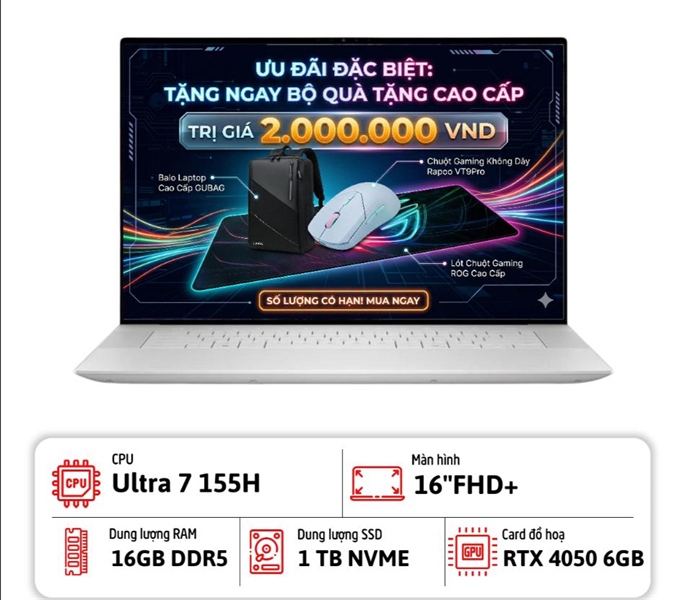 Laptop Dell XPS 16 9640 (Ultra 7 155H/ 16GB RAM/ 1TB SSD/ RTX 4050 6GB/ 16.3” FHD+ 120Hz / Win 11/ Platinum) (TẶNG: Cặp + Chuột không dây Gaming RAPOO VT9PRO Dual-Mode)