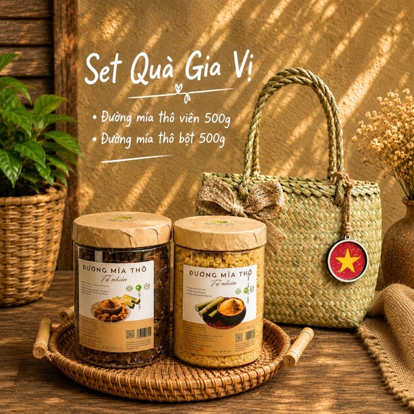 Set Quà Gia Vị Đường Mía Viên, Đường Mía Bột - Túi Cỏ