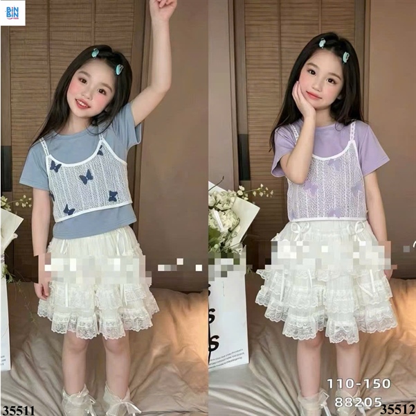 35511-Set váy tầng yếm xanh