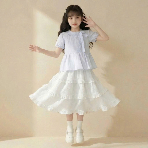SET ÁO PHỐI REN NƠ VÁY BÈO NHÍ