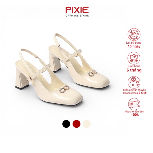 Giày Cao Gót Slingback 7cm Mũi Vuông Đính Khoá H459
