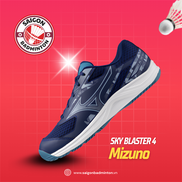 Giày Cầu Lông Mizuno Sky Blaster 4 Chính Hãng - Trắng Xanh Đậm