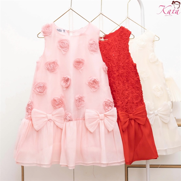 Đầm Bé Gái Hoa Hồng Nổi 3D Cao Cấp | Váy Công Chúa Size 4-14