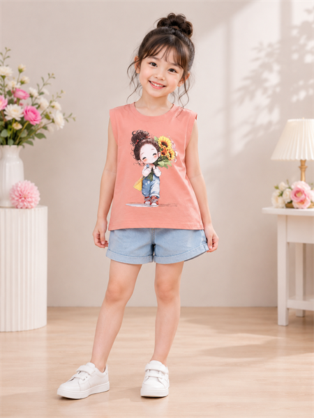 Áo Thun Ba Lỗ Bé Gái Kata In Hình Bé Gái Ôm Hoa Hướng Dương – Cotton Mềm Mát, Size 4-14 Cho Bé 8-25kg
