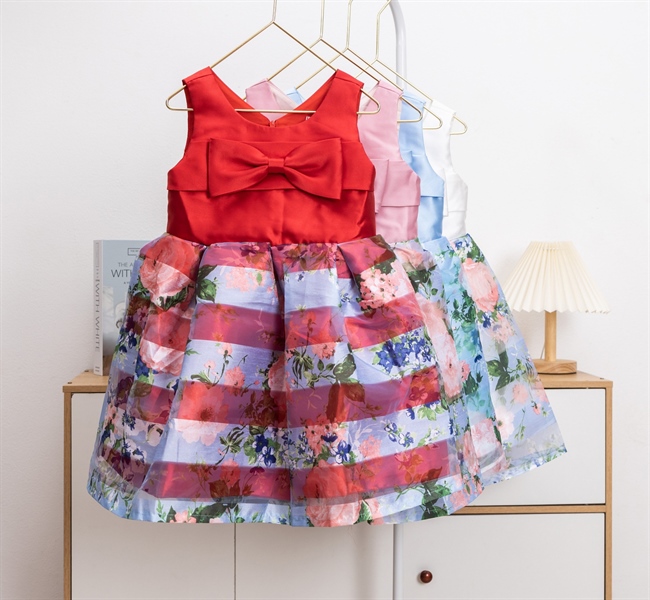 Đầm Bé Gái Hoa Nhí Phối Nơ Ngực Cao Cấp Size 4-14 Cho Bé 12-35kg