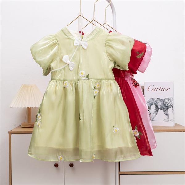 Đầm Bé Gái Tay Phồng Thêu Hoa Cách Tân Cao Cấp | Size 4-14