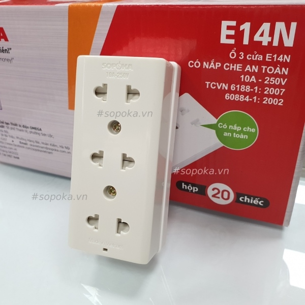Ổ cắm 3 cửa có nắp che an toàn E14N