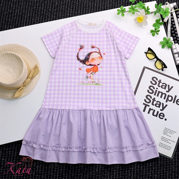 Đầm Bé Gái Caro In Hình Cô Bé Dễ Thương 12-35kg | Váy Bé Gái Cotton Mùa Hè KATA
