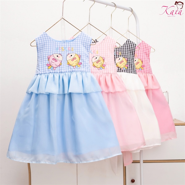 Đầm Bé Gái Caro Thêu Cá Dễ Thương 12-35kg | Đầm Xòe Công Chúa Kata