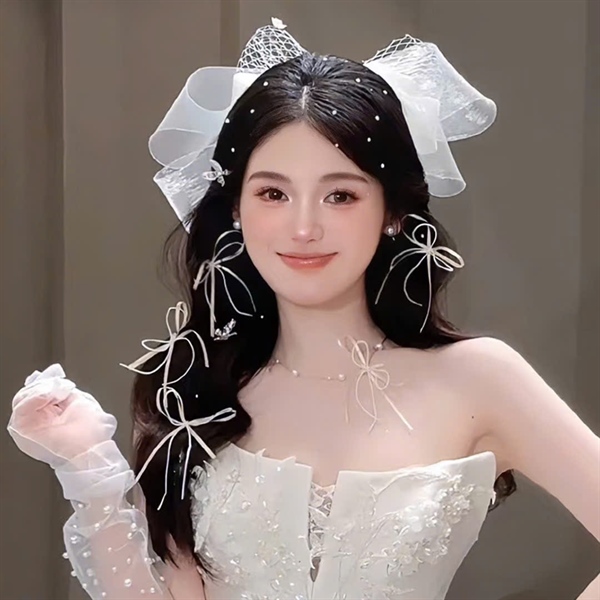 Nơ lưới cài tóc kèm set 4 nơ ruy băng nhỏ dễ thương cho cô dâu Giangpkc SP22267069