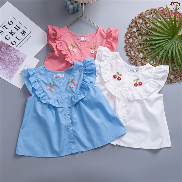 Áo Kiểu Bé Gái Thêu Cherry Dễ Thương 12-35kg | Áo Cánh Tiên Công Chúa Cao Cấp