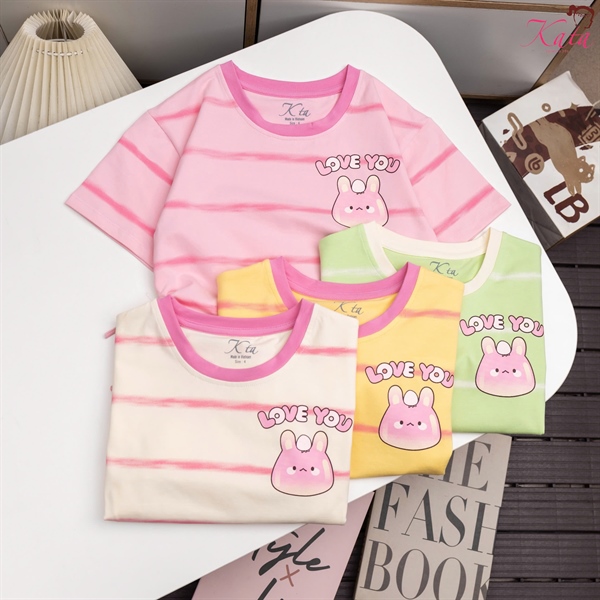 Áo Thun Bé Gái Kẻ Sọc Love You Kata – Áo Thun Rút Dây Hai Bên Dễ Thương Cho Bé 12-35kg