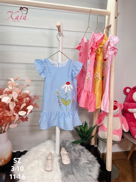 Đầm Bé Gái Thêu Hoa Tay Bèo Dễ Thương 12-35kg | Váy Bé Gái Cao Cấp Kata Fashion