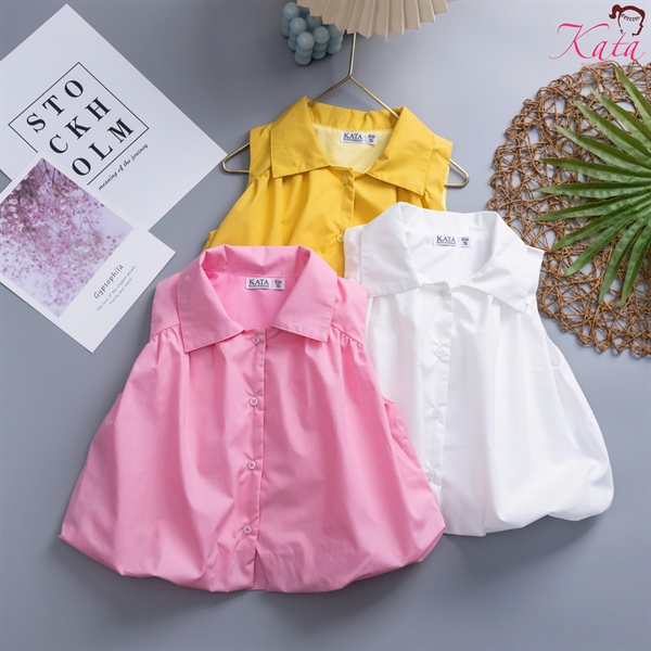 Áo Sơ Mi Bé Gái Không Tay Cổ Bẻ Dáng Xòe 12-35kg | Áo Kiểu Bé Gái Hàn Quốc Cao Cấp