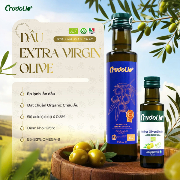 Dầu olive hữu cơ ép lạnh siêu nguyên chất 250ml - Crudolio