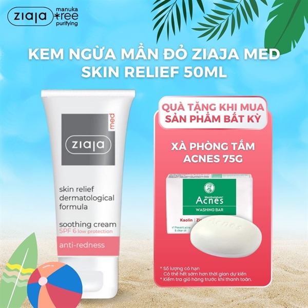 Kem Dịu Nhẹ Ngừa Mẩn Đỏ Ziaja Med Skin Relief Dermatological Formula Soothing Cream Anti-Redness 50ml