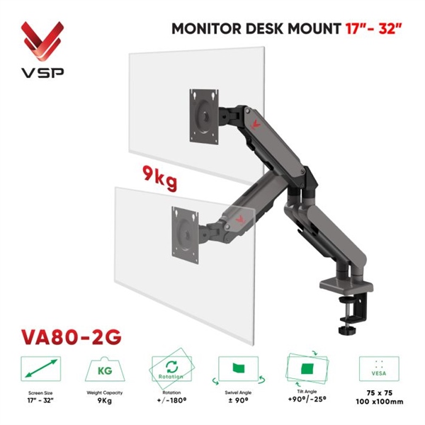 Giá Đỡ Màn Hình ARM Đôi VSP VA80-2G (17"-32" - 9KG)