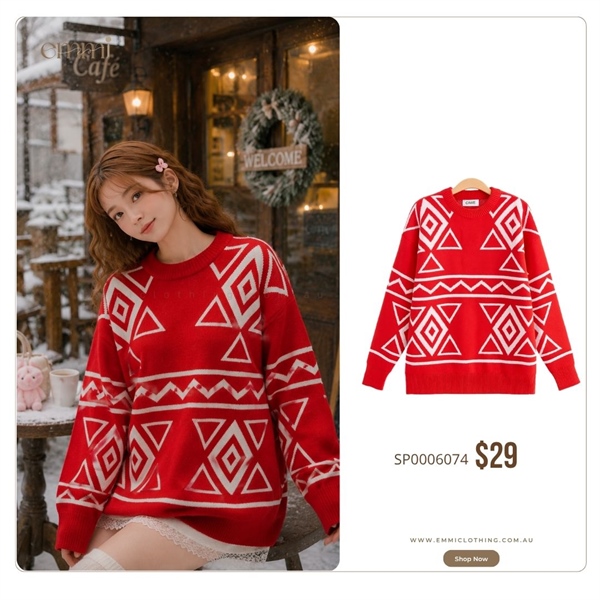 Red White Geometric Pattern Knit Sweater.