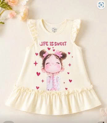 Đầm Bé Gái In Hình Cô Bé Dễ Thương 12-35kg , LIFE IS SWEET