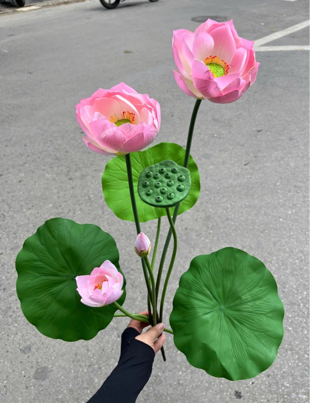 Cụm sen xịn dài 3b1n - phấn - Sen - Hoa Lụa Vân Vượng