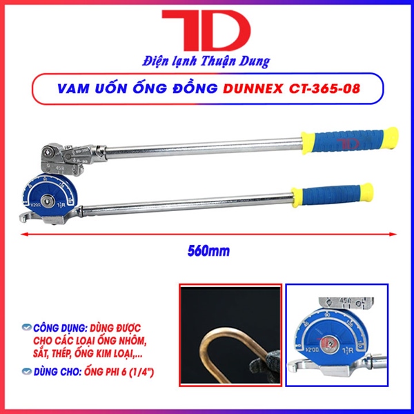 Vam uốn ống đồng DUNNEX, model CT-365-08A, dùng cho ống phi 12 (1/2"), dùng cho ống nhôm, sắt, thép không gỉ, ống kim loại khác, tay cầm điều chỉnh 90 độ (thùng 12 cái)