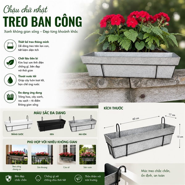 Combo Chậu Treo Ban Công NAHADA 60 (khung + chậu 60x17x14)