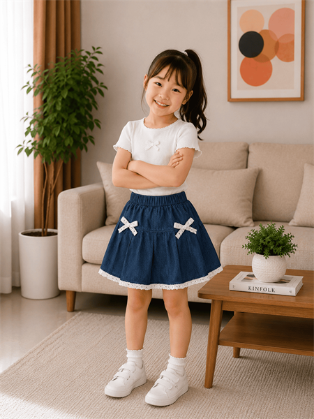 Chân Váy Bé Gái Jean Mềm Xếp Ly 2 Nơ Và Lai Ren