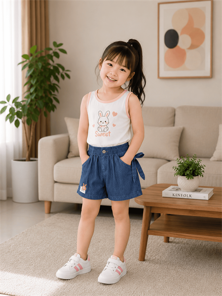 Quần short jean mềm nút dừa dây lưng nơ logo thỏ