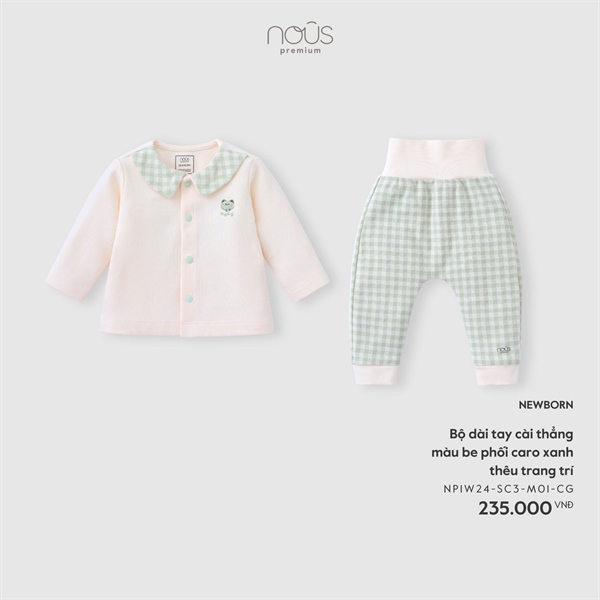 NS2500 - Bộ dài tay cài thẳng màu be phối caro xanh thêu trang trí