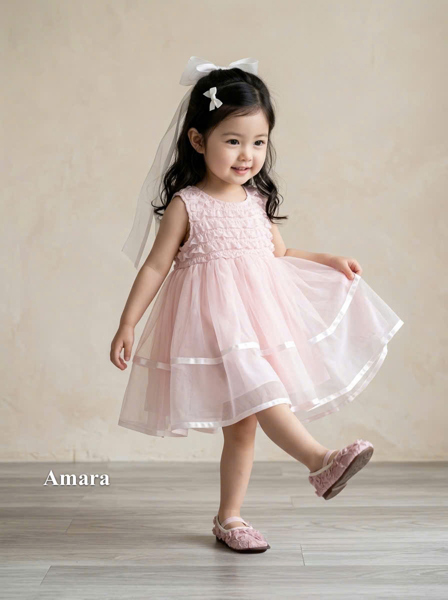 Váy bèo nhún ngực + nơ voan Amara 10375 - Hồng
