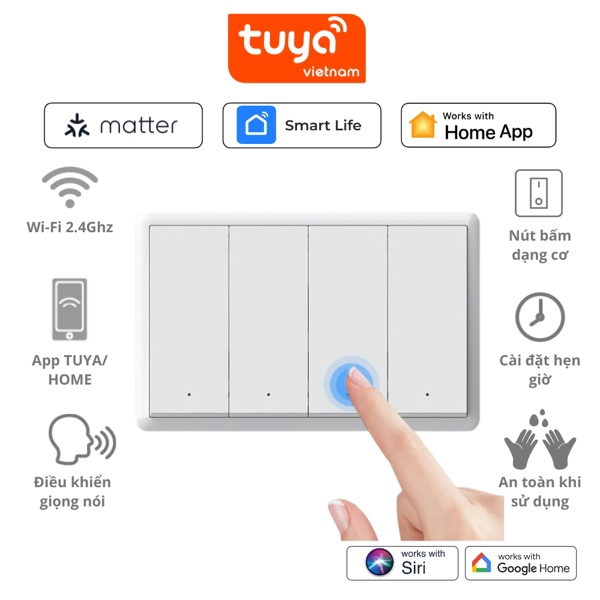 Công Tắc Cơ Thông Minh Wifi MATTER - TUYA, App HOME Hoặc Smartlife, Hình Chữ Nhật, Kết Nối WiFi