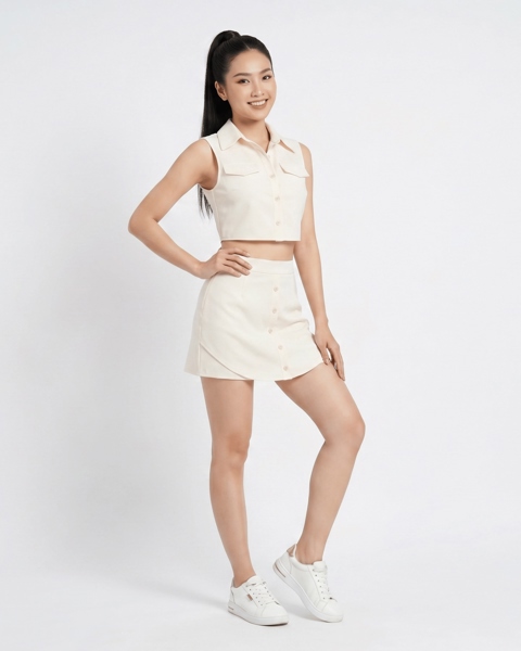 Set Áo Sơmi Croptop Nữ Chân Váy Mini Vàng Nhạt S